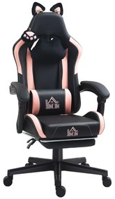 HOMCOM Cadeira Gaming com Orelhas Cadeira Gamer Reclinável com Altura Ajustável e Suporte Lombar 65x62x116-124 cm Preto e Rosa