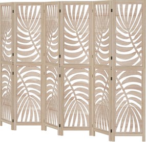 Biombo de interior em madeira com 6 painéis, 240 x 170 cm, dobrável e portátil, com padrão de folhas, design amovível, madeira natural