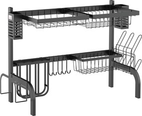 Escorredor de Louça de Aço de 2 Níveis com Suporte para Tábua Suporte para Talheres e 5 Ganchos 65x31,5x52,5cm Preto