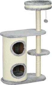 PawHut Arranhador para Gatos, Postes de Corda de Sisal, Pelúcia Macia, Multinível, Brinquedo de Bola, Cinza, 59x35x100 cm | Aosom Portugal