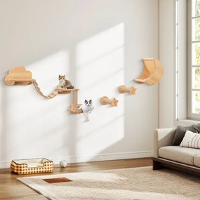 Conjunto de móveis de parede para gatos com 6 peças, rede, ponte em forma de árvore com 2 níveis e postes para arranhar natural