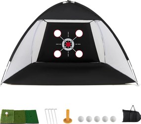 Rede de treino de golfe 314 x 199 cm, portátil, com tapete Tri-Turf, bolas, tee e saco de transporte dobrável para uso no interior e no exterior Preto