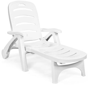 Espreguiçadeira de jardim dobrável Cadeira reclinável ajustável para exterior com 5 posições Rodas Robusta jardim Piscina Praia Branca