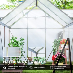 Estufa de jardim em alumínio e policarbonato com base, estufa com janela ajustável e porta de correr 192,5 x 131 x 200 cm