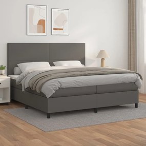 Cama com molas/colchão 200x200 cm couro artificial cinzento