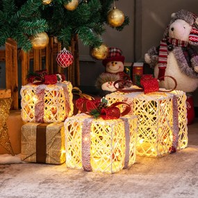 Conjunto de 3 caixas de presente de Natal alimentadas a pilhas com 60 luzes de fita vermelha com temporizador Decoração de Natal para interior e exter