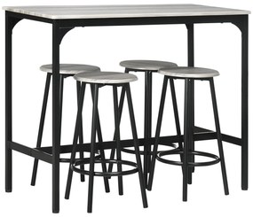 Conjunto de Móveis Altos de Bar com 5 Peças Mesa de Refeição Industrial e 4 Bancos Redondos Cinzento e Preto