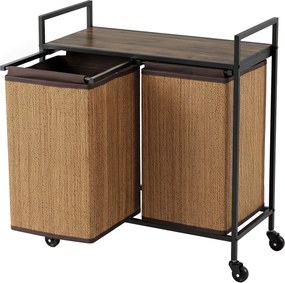HOMCOM Cesto de Roupa Bambu 2 Compartimentos 120 L Coletor de Roupa com Prateleira Apoio, Caixa de Roupa Saco Removível, Com Rodas 73x33x78 cm, Castanho | Aosom Portugal