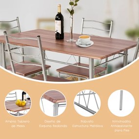 Conjunto de móveis de cozinha de 5 peças, mesa retangular, estrutura de aço, 4 cadeiras, almofadas com encosto alto para sala de jantar, cor de noguei