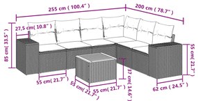 7 pcs conjunto sofás p/ jardim c/ almofadões vime PE cinzento