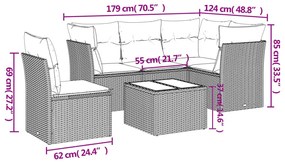 6 pcs conjunto sofás de jardim c/ almofadões vime PE preto