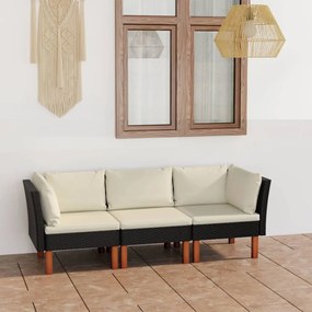 vidaXL Sofá de jardim 3 lugares com almofadões vime PE preto