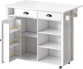 HOMCOM Ilha de Cozinha com Bancada Dobrável Rodas Armário 2 Gavetas e Prateleiras Abertas 117,5x70x91 cm Branco | Aosom Portugal