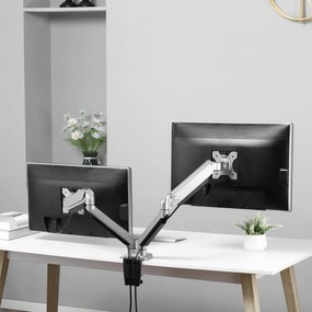 Vinsetto Suporte para Monitor Duplo para Telas LED LCD de 13"-32" Polegadas VESA 75/100mm com Braçadeira Ajustável Giratório 360° e 2 Opções de Montagem 93x11x47cm Prata