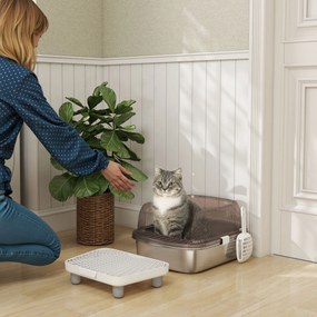 Caixa de Areia para Gatos Fechada com Bandeja em Aço Inoxidável Bordas Altas Pá e Degrau para Gatos Grandes 53x42x27 cm Cinzento