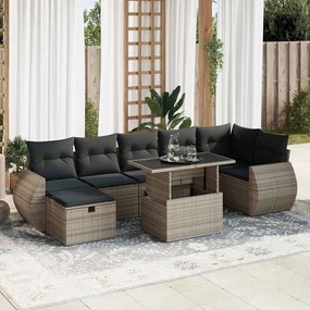 8 pcs conjunto sofás de jardim c/ almofadões vime PE cinzento