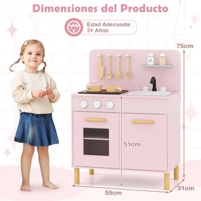 Conjunto de cozinha de brincar para crianças em madeira com luzes, sons, fogão, lava-loiça, forno e acessórios Cozinha para crianças Rosa