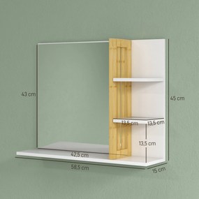 Espelho de parede para casa de banho 45 x 15 x 58,5 cm com 3 prateleiras laterais e 1 prateleira inferior em bambu e branco