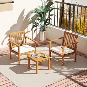 Conjunto de móveis de madeira jardim de 3 peças com cadeiras Mesa de centro de madeira de acácia Almofadas macias para varanda Pátio Pátio Varanda Cas