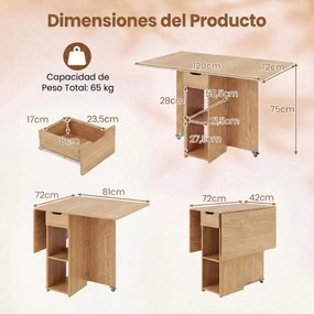Mesa de jantar extensível 120 x 72 x 75 cm com 2 rodas; mesa de cozinha dobrável com prateleira, gaveta de 2 compartimentos e abas rebatíveis Natural