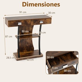 Mesa de Consola para Espaços Pequenos Mesa de Entrada em Forma de T com 2 Gavetas Estante de 2 Níveis Kits Anti-Tipo de 2 Níveis Mesa Industrial Casta