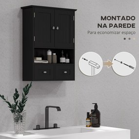 Armário de Parede para Casa de Banho com 2 Portas Prateleira Aberta e 2 Gavetas Estilo Moderno 50,8x17,8x66 cm Preto