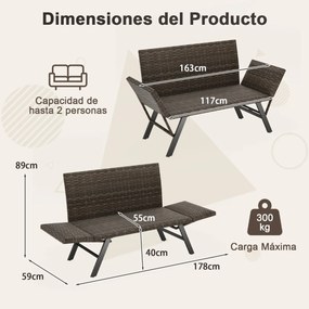 Banco de rattan de 2 lugares de secagem rápida com apoios de braços ajustáveis com estrutura metálica Cor Rattan misto