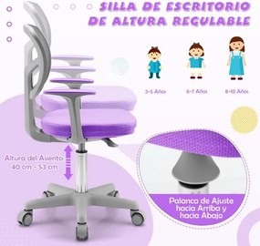 Cadeira de secretária ergonómica para crianças com rodas Apoio lombar ajustável em altura púrpura