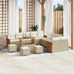 Conjunto de Sofa de Jardim vidaXL com Almofadas 14 Peças Bege Poly Rattan Acácia