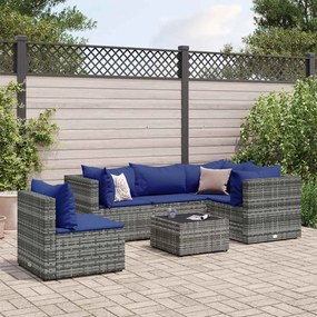 6 pcs conjunto lounge de jardim c/ almofadões vime PE cinzento
