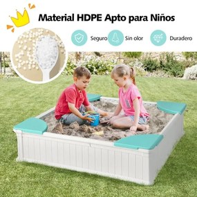 Caixa de areia com cobertura impermeável em HDPE com 4 assentos nos cantos, revestimento inferior e cobertura protetora, branca