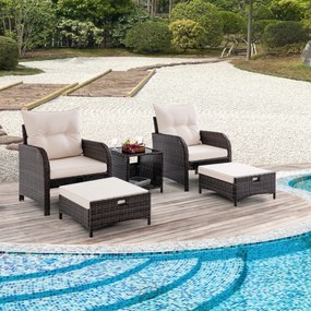 Conjunto de jardim de rattan de 5 peças com 2 cadeiras 2 Pufes Mesa de centro de vidro temperado Almofadas macias mistura de castanho e Bege