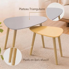 Conjunto de 2 mesas baixas encaixáveis, de design escandinavo, com pés e tampo em madeira, cinzentas e amarelas