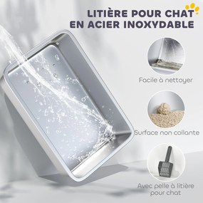 Caixa de areia para gatos em aço inoxidável de 85 L, de grande capacidade, com casa de higiene semi-fechada, 71 x 50,8 x 35,5 cm, cinzenta
