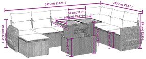9 pcs conjunto sofás p/ jardim com almofadões vime PE cinzento
