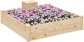 Floreira de madeira quadrada para horta exterior com caixote de compostagem de design e fundo aberto, 123 x 123 x 25,5 cm, madeira natural