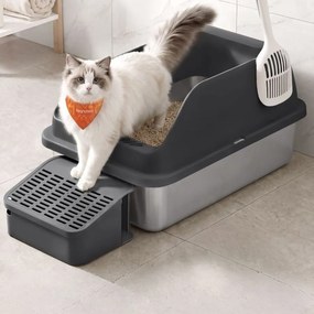 Caixa de areia para gatos em aço inoxidável 61 x 41 x 30,2 cm com rebordo alto, escadinha e pá Preta
