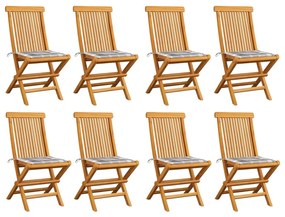 Cadeiras de jardim c/ almofadões xadrez cinzento 8 pcs teca