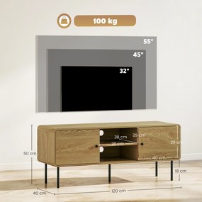 Móvel para televisão 120 x 40 x 50 cm, com capacidade para ecrãs até 55 polegadas, com 2 portas, 2 compartimentos abertos, pés em aço, cor carvalho