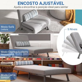Sofá-Cama Individual Dobrável com Encosto Ajustável 5 Posições, Almofada e Revestimento em Linho Sintético, 75x70x75 cm, Cinzento