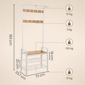 Cabide, móvel entrada com bengaleiro, com banco para sapatos 33,7 x 72 x 183 cm Branco + natural