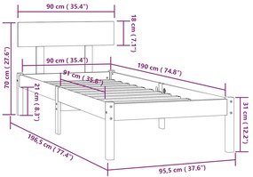 Estrutura de cama solteiro UK 90x190 cm pinho maciço cinza