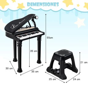 Piano eletrónico para crianças de 31 teclas com banco portátil com microfone LED 35 x 30 x 55 cm Preto