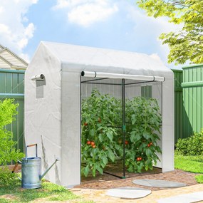 Estufa de jardim em PE 200 x 140 x 200 cm, estufa de varanda, lona reforçada de 135 g/m², estrutura em aço, porta com fecho de correr, branca