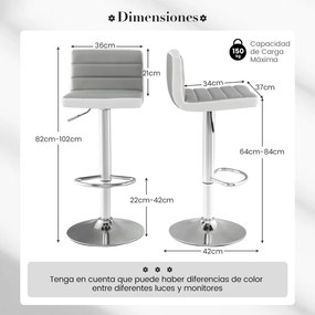 Conjunto de 2 bancos de bar giratórios ajustáveis com base metálica e apoio para os pés em pele PU para ilha de cozinha, pub e café cinzentos e branco