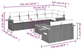 9 pcs conjunto de sofás p/ jardim com almofadões vime PE bege