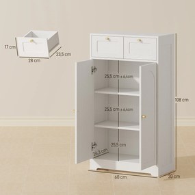 Armário de Casa de Banho Estreito com 2 Gavetas Prateleira Aberta e Porta com Painel Arqueado 60x30x108 cm Branco Texturizado
