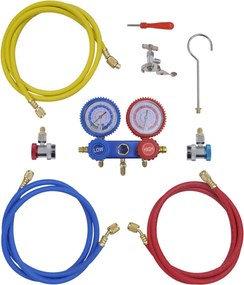 Conjunto manómetro colector 2 formas num kit de ferramentas