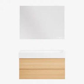 Conjunto De Móvel De Casa De Banho Em Madeira E Chapa De Freixo Com Lavatório Integrado Ona Madeira Natural & Retangular Led - Sklum