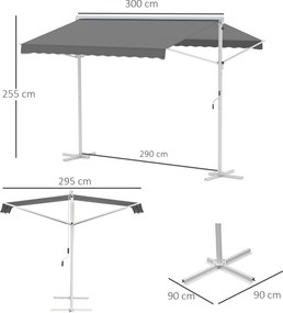 Toldo de dupla inclinação 3 x 3 m, manual, retrátil, inclinação ajustável, aço com revestimento epóxi branco, poliéster impermeabilizado
